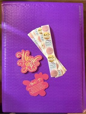 10 Purple 11x15 Bubble Mailers w/50 Multicolor TY Stickers & 10 Pink TY Cards